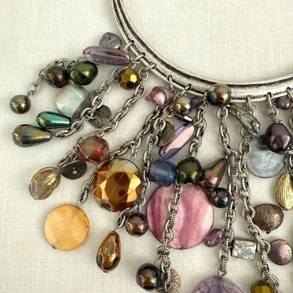 Chicos Necklace 15 to 19in Genuine Shell Multi Bead Silver Tone Statement Collar - Picture 7 of 13